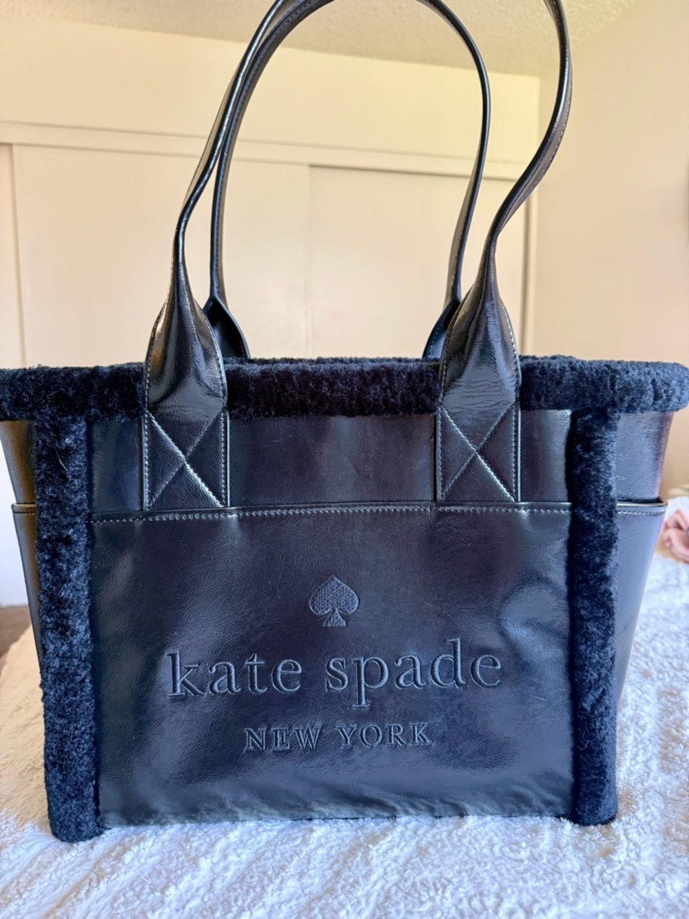Kate Spade Jett Faux Shearling Patent Leather Embroidered Logo Large Tote